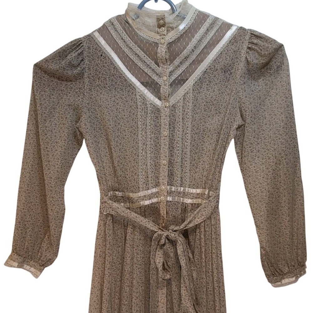 VTG Gunne Sax By Jessica Prairie Tan Pink Lace Farmhouse Western Cottage Prairie